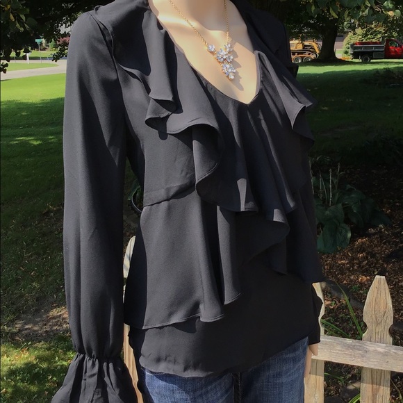 VINTAGE LOOKING  BLACK WATERFALL RUFFLE BLOUSE - Picture 3 of 8